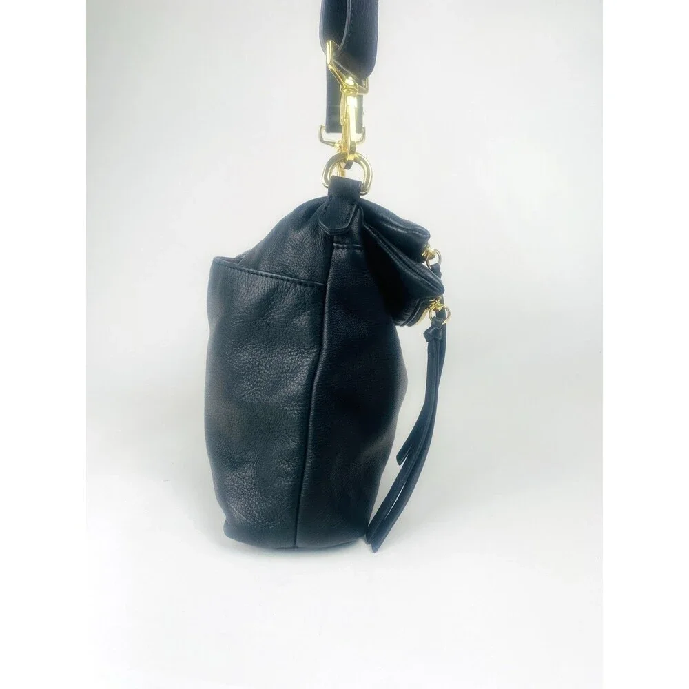 Margot Mickey Black Pebbled Leather Foldover Shoulder Bag Gold Hardware Slouchy
